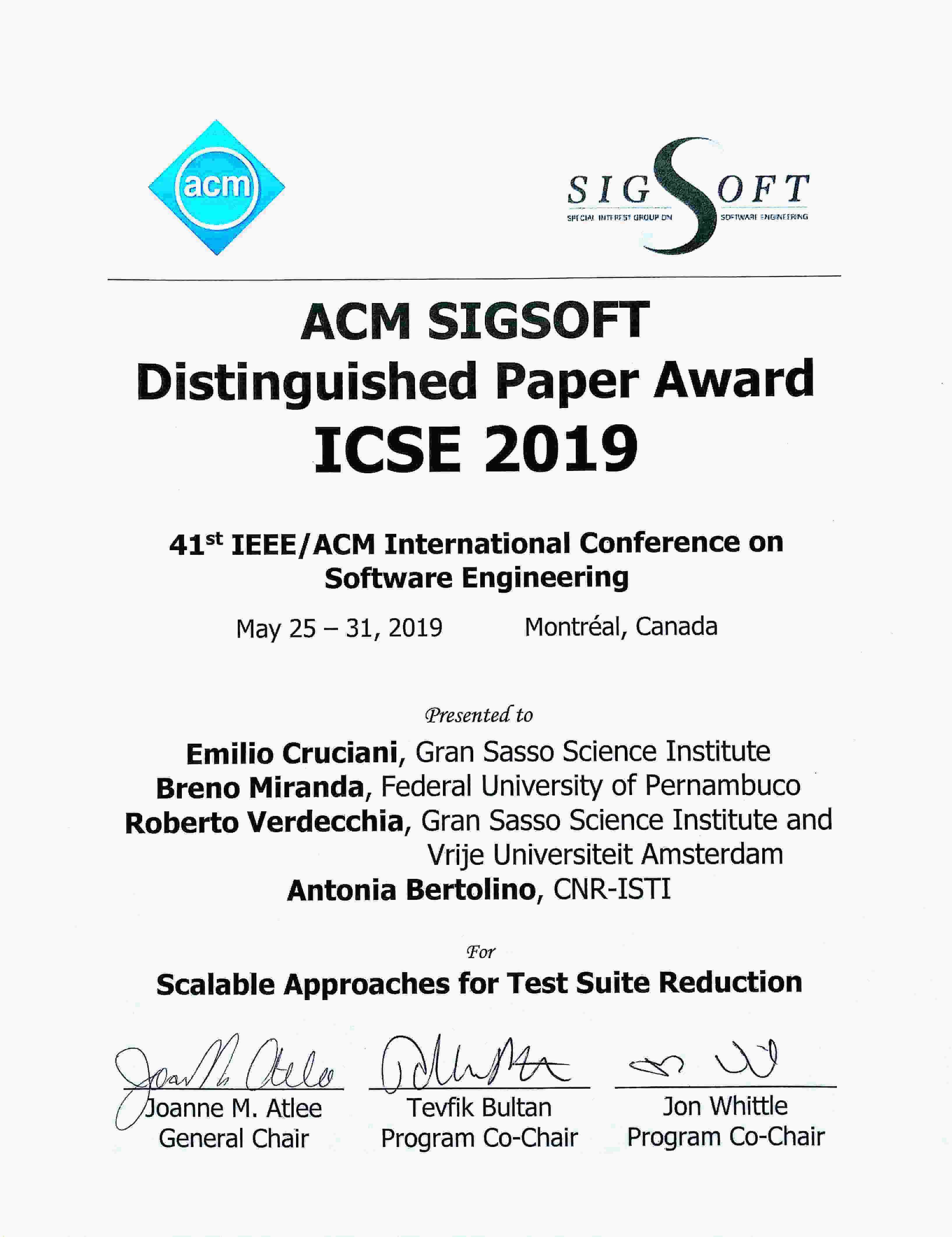 ICSE 2019 Award
